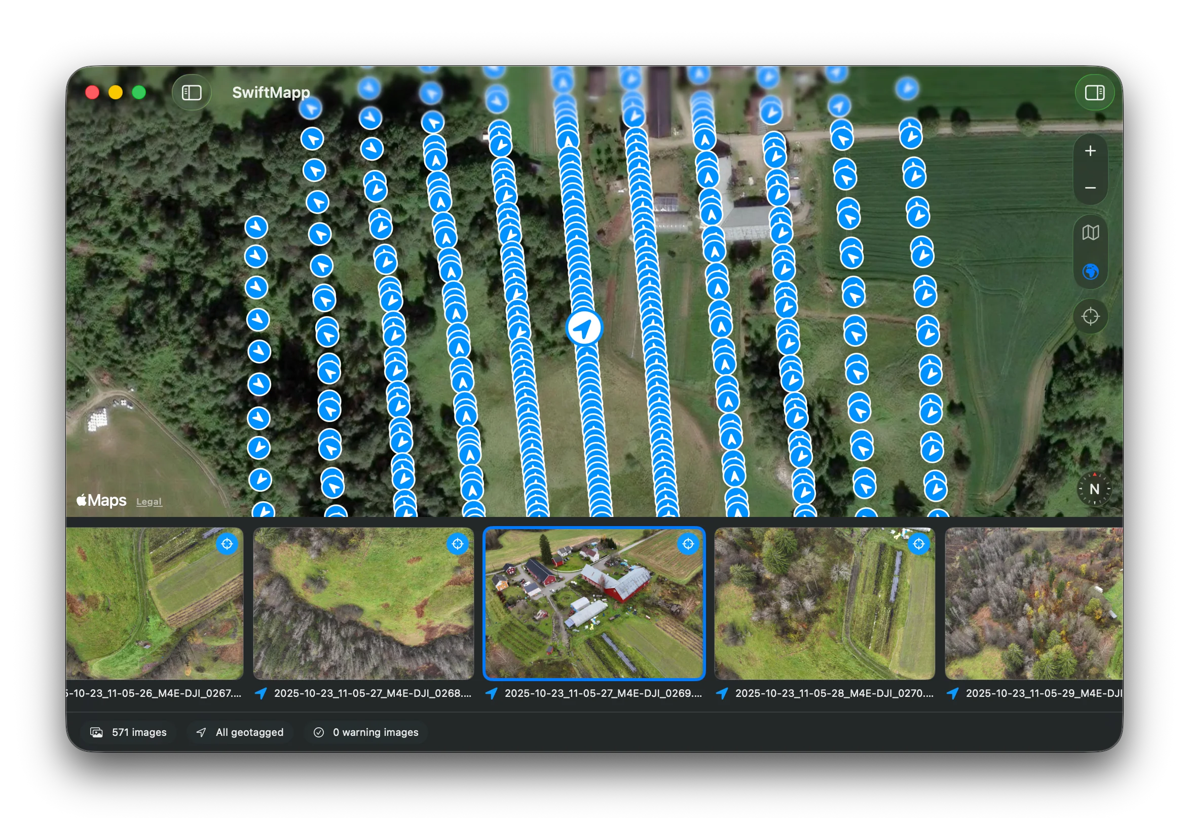 SwiftMapp on macOS, showing geotagged drone images across a survey site with an image filmstrip below.